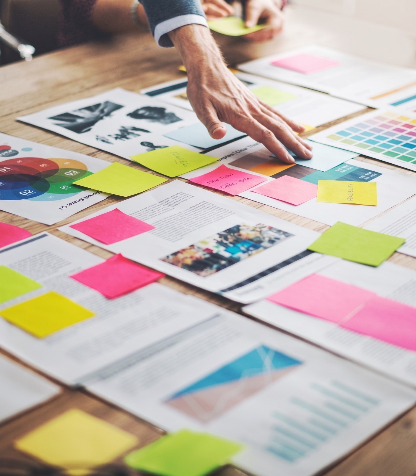 Colorful editorial identity applied to a folded brochure